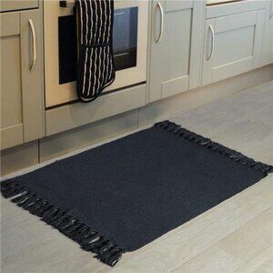 Black Kitchen Rug, Cotton Hand Woven Recycled Throw Rug Runner